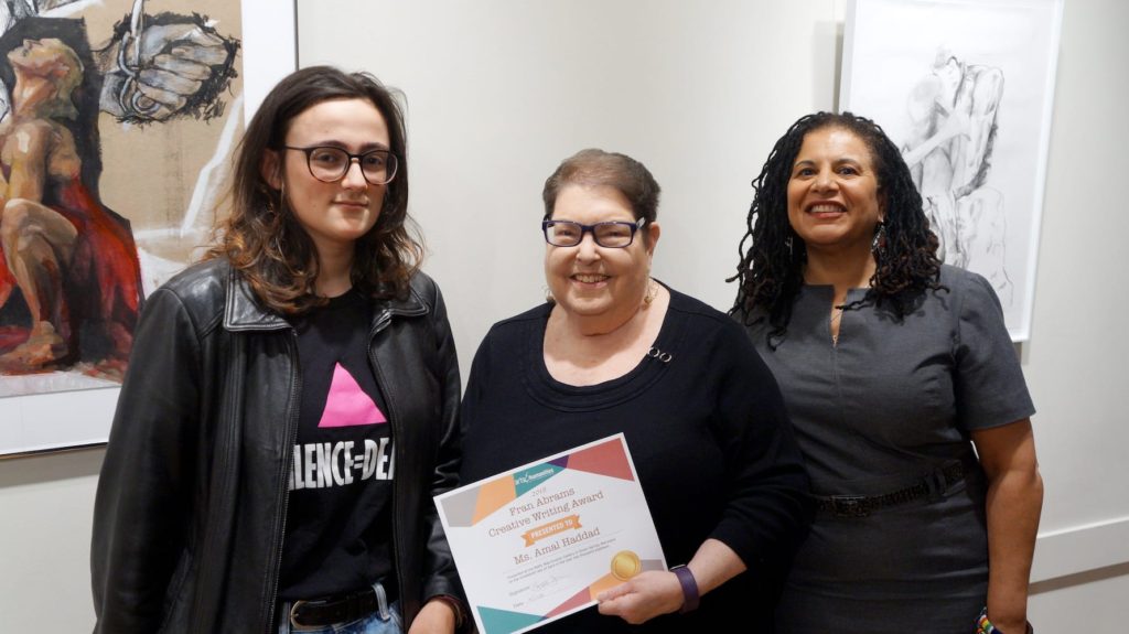 From left: Amal Haddad – 2018 Fran Abrams Creative Writing Award recipient, Fran Abrams – Former AHCMC Grants Director, Suzan Jenkins – AHCMC CEO.